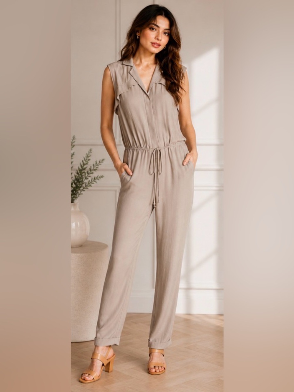 BCBG Max Azria Cole Drawstring Jumpsuit Pumice Neutral Sleeveless Sz S Oversized